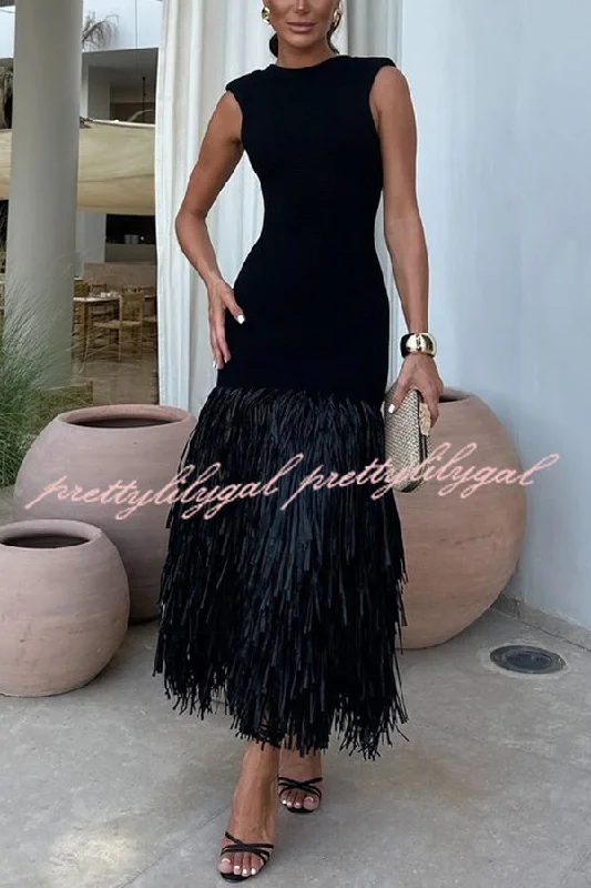 Season Sale Christie Ribbed Patchwork Tiered Fringed Hem Zipper Backless Maxi Dress