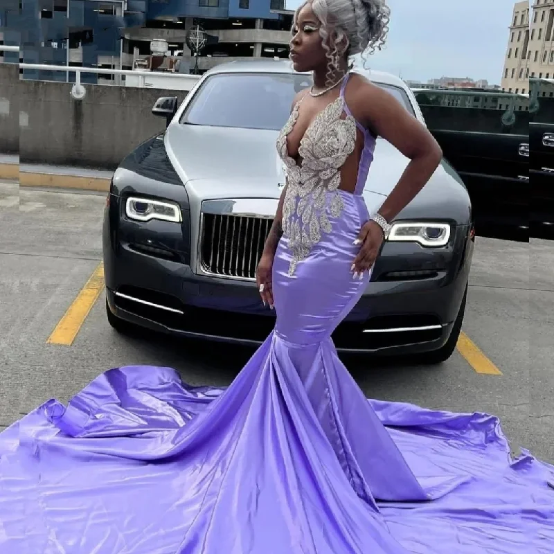 Wardrobe Update Sexy Lavender Mermaid Prom Dress for Black Girls Silver Beaded Rhinestones Party Gala Gown