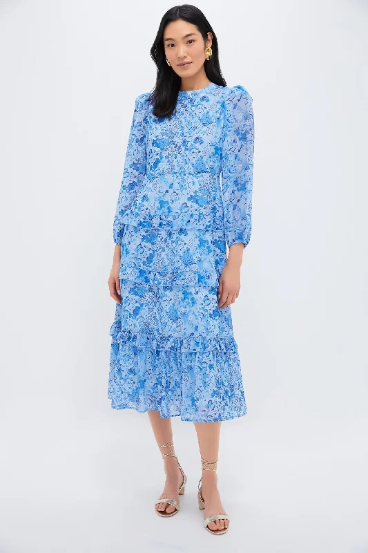 Enjoy Discount Blue Multi Abstract Floral Rosalind Ruffle Midi Dress