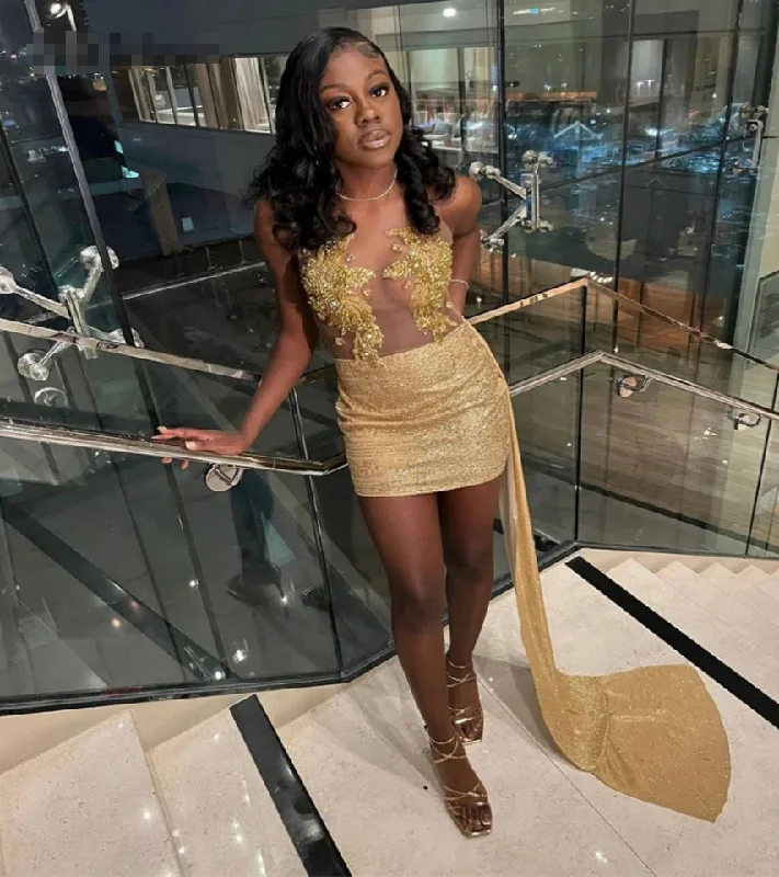 Chic Outfits Gold Black Girls Homecoming Dress With Train Illusion Top Beaded Hoco Birthday Party Evening Dress Sequin