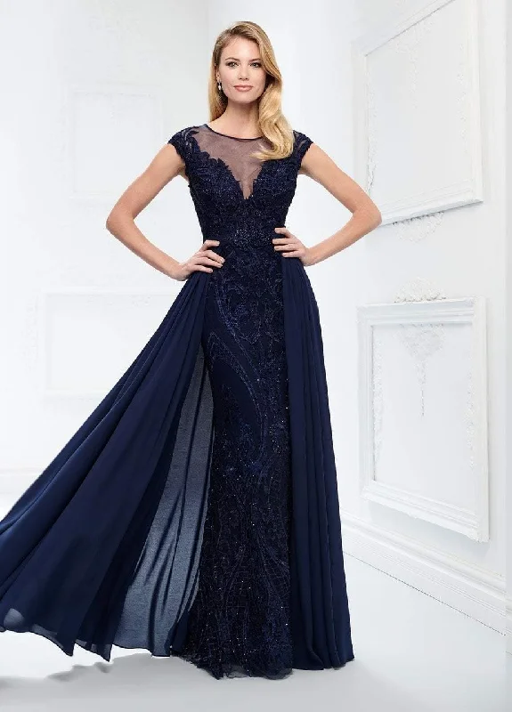 Bold Fashion Montage by Mon Cheri - Embroidered Lace Chiffon Overskirt Gown 218914 - 1 pc Navy In Size 10 Available