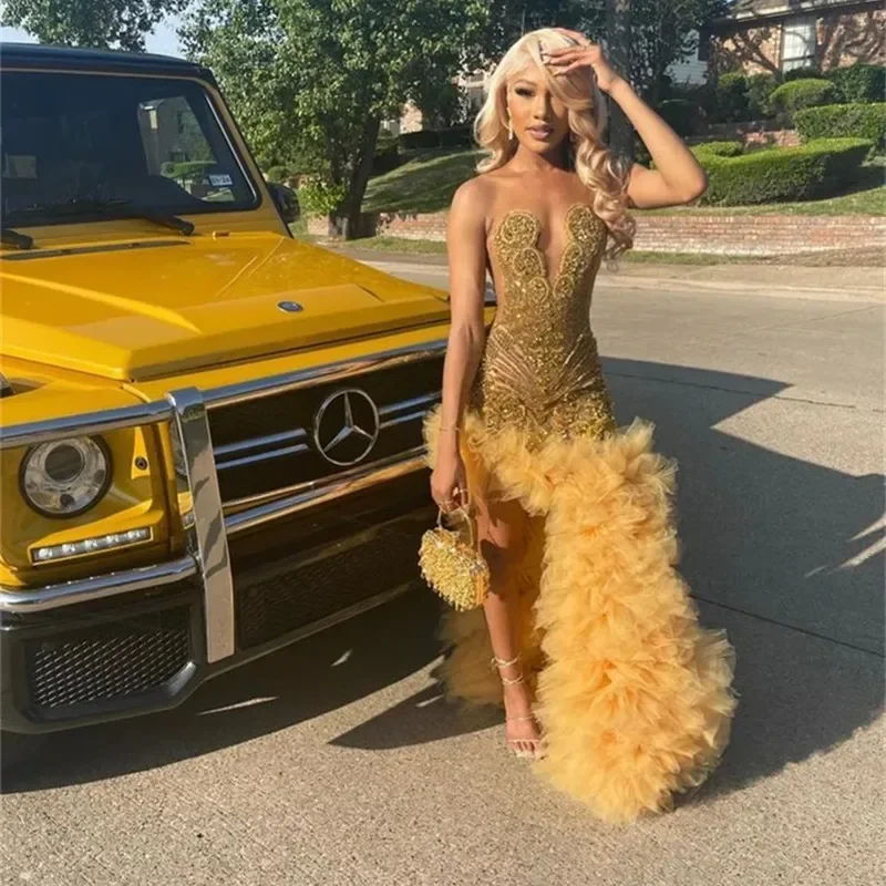 Big Sale Event Charming Gold Crystal Prom Dresses Beads Ruffle Tutu Skirt Rich Girls Formal Evening Gowns Maxi Birthday Party