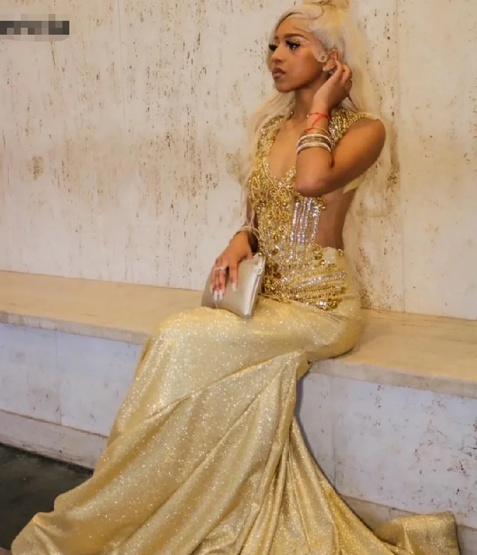 Fashion Essentials Gold Sequin Mermaid Prom Dress Blackgirls Rhinestones Crystal Birthday Party Gala Gowns