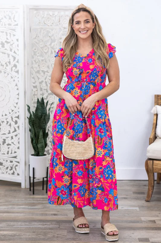 Preppy Style Fuchsia Boho Floral V-Neck Tiered Dress