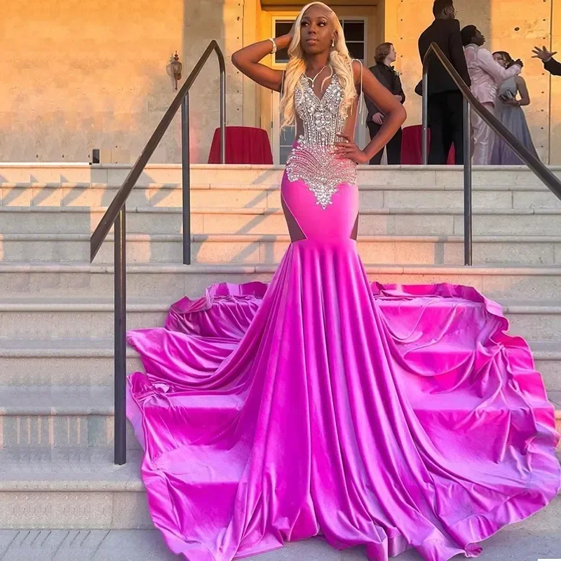 Everyday Wear Rose Velvet Mermaid Prom Dresses For African Women Crystals Beads Black Girls Long Evening Occasion Gowns