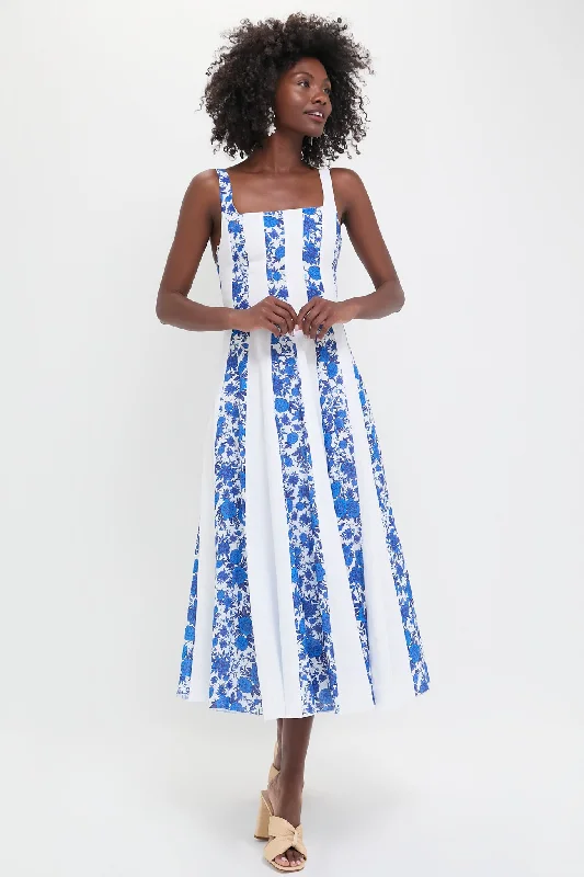 End Of Season Clearance White and Blue Floral Linen Midi Dress