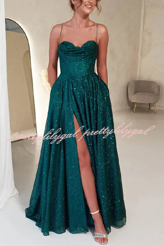 Timeless Classics Cinderella Glitter Tulle Fabric Cowl Neck Back Lace-up Pocketed Slit Maxi Dress