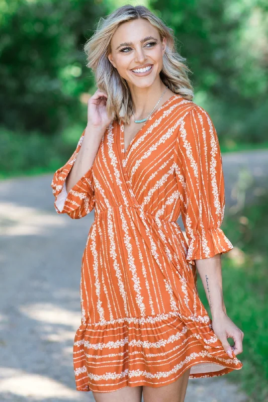 Boutique Styles Orange Floral Print Surplice Front Dress