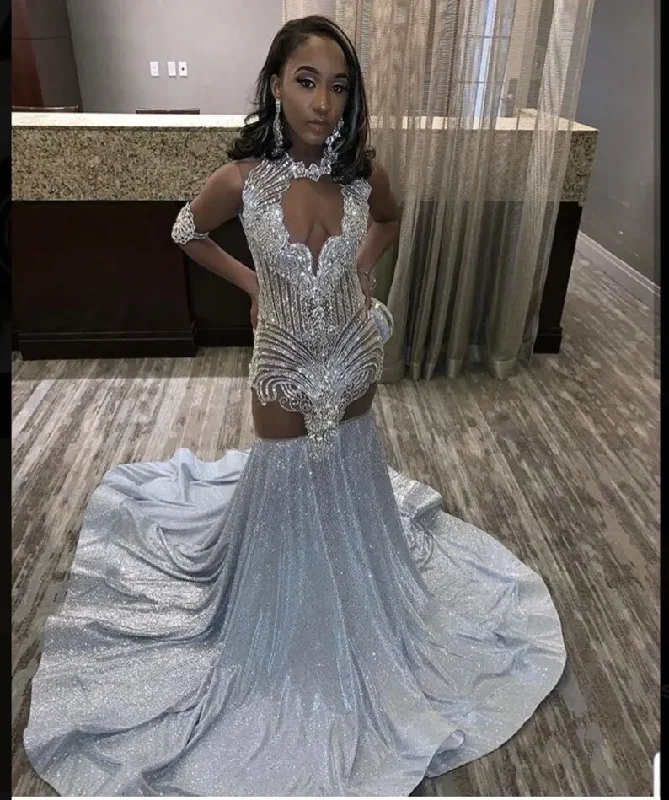 Discount Price Sparkle African American Prom Dresses Mermaid Sheer Sequins Beaded Black Girls Nigeria Robe De Soiree Evening Dress Gown