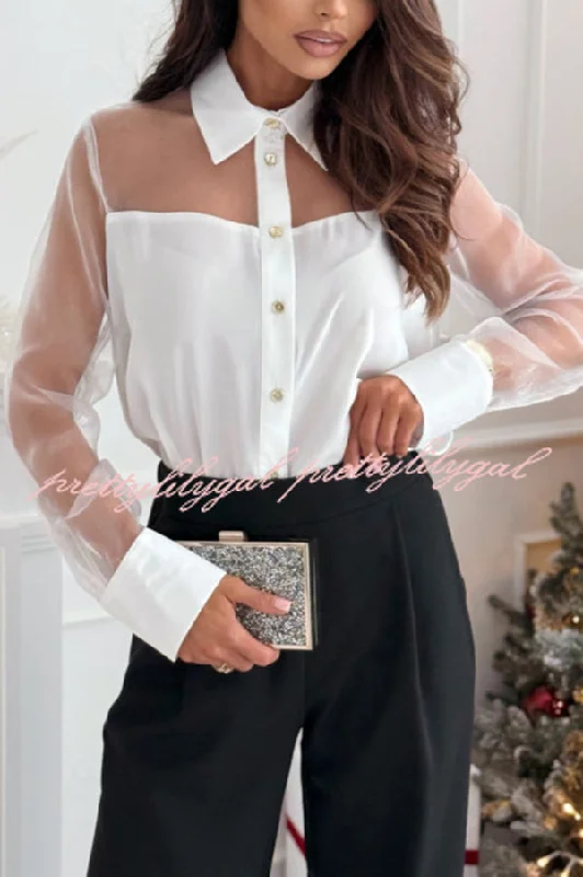 High-Quality Women’s Fashion Dresses Solid Color Mesh Stitching Lapel Long Sleeve Elegant Shirt