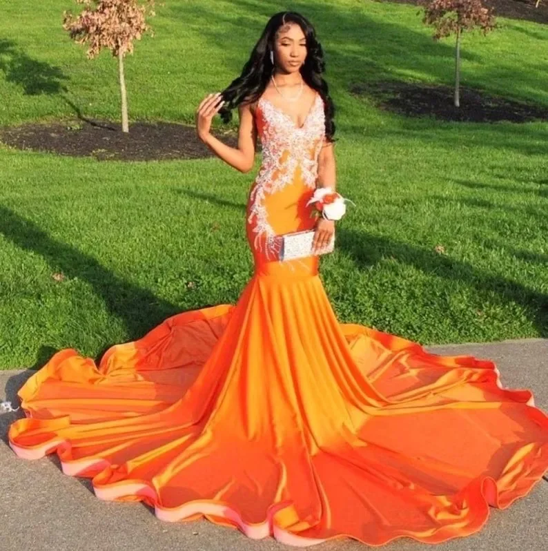 Flash Sales This Week Orange African American Prom Dresses Mermaid V-neck Appliques Black Girls Nigeria Robe De Soiree Evening Dress Gown