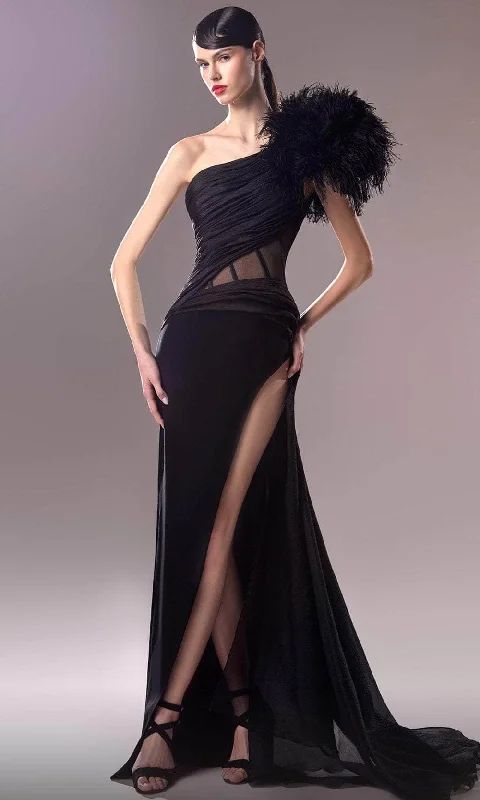 Women Online Clothing Boutiques MNM Couture G1618 - Feathered One Shoulder Evening Gown