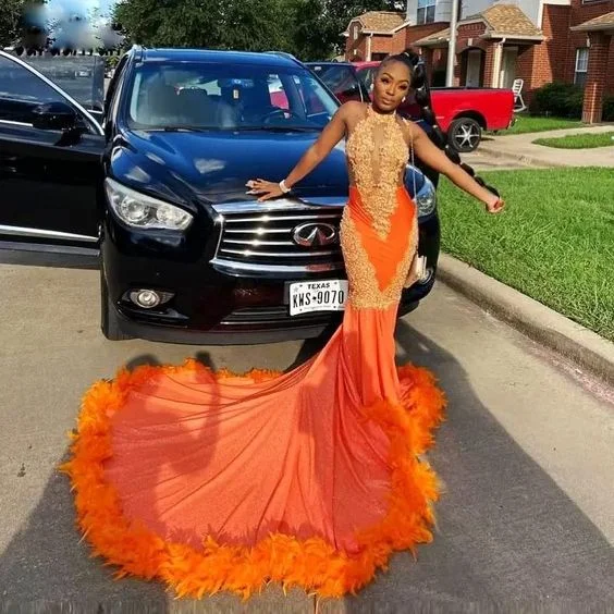 Flash Discount Orange Feathers Mermaid Prom Dresses For Black Girls Halter Lace Appliques Backless evening Birthday Party Dress Long African