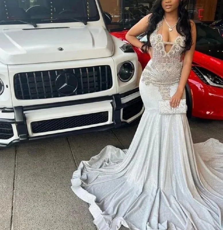 Elegant Attire For The Modern Lady Beauty Contest Silver Crystal Slay Queen Rhinestones Prom Dresses Luxury Designer Party Mermaid Black Girls