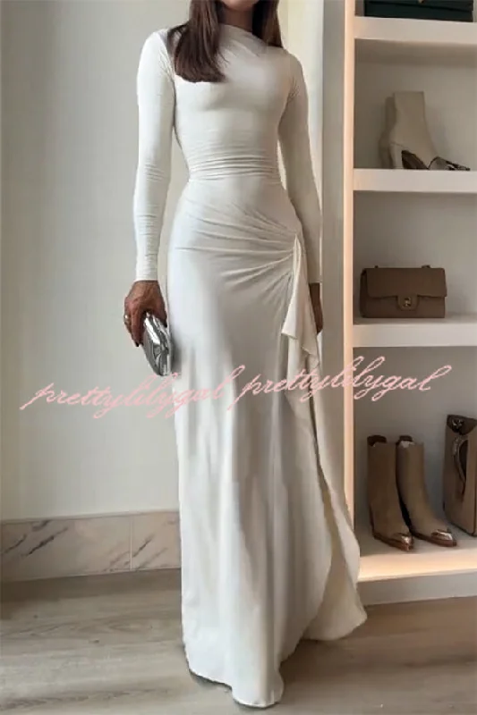 Everyday Fashion Venus Long Sleeve Ruched Side Slit Drape Ruffles Back Lace-up Stretch Maxi Dress