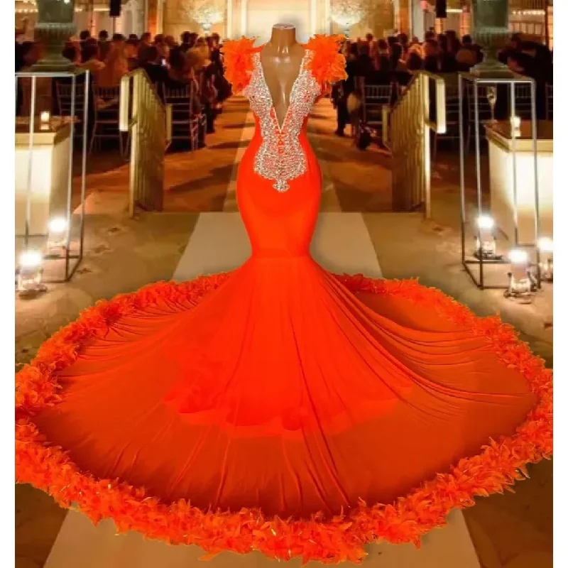 Comfortable Clothes Luxury Orange Mermaid Prom Dresses For Black Girls Feathers Bottom Beading Crystal Deep V Neck Evening Party Gowns Birthday