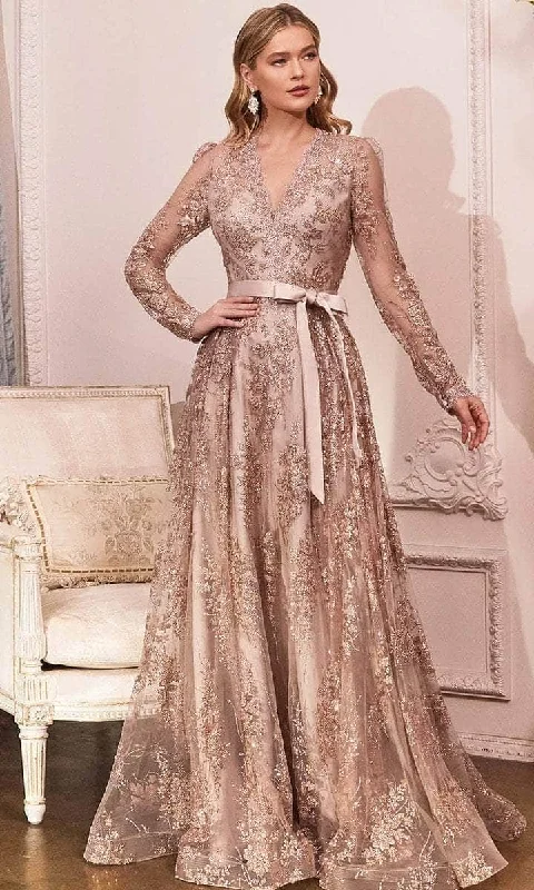 Enjoy Discount Cinderella Divine - CD233 Sheer Long Sleeve V-neck Evening Gown