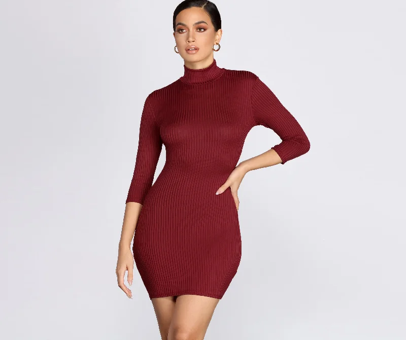 Limited Time Deal Ribbed Knit Turtleneck Mini Dress