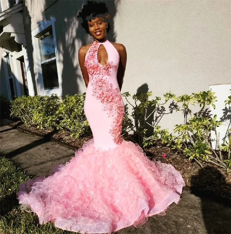 New Arrival Discounts Pink High Neck Long Prom Dress For Black Girls Birthday Party Dresses Beaded Ruffles Evening Gowns Appliques Gown Robe De Bal