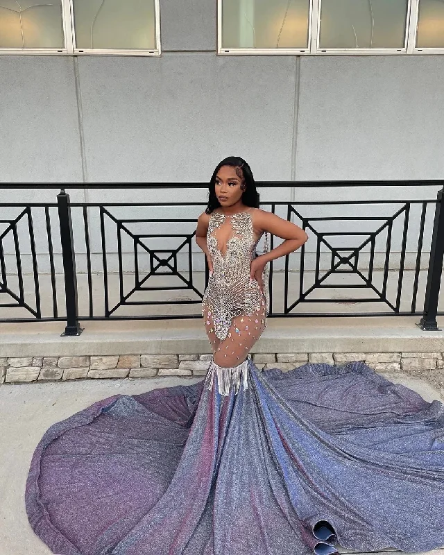 Premium Quality Garments Lilac Sparkly Diamond Long Prom Dresses For Black Girls Sequins Birthday Party Dresses African Mermaid Evening Gown Robe De