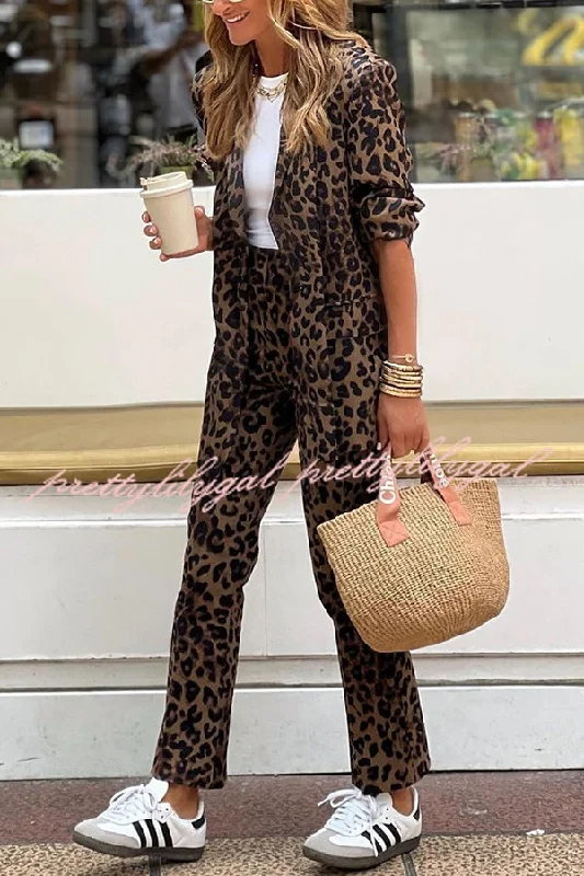 Dive Into Trendy Women's Fashion Wild Personality Leopard Pocket Relaxed Lapel Blazer and Elastic Waist Pants Set