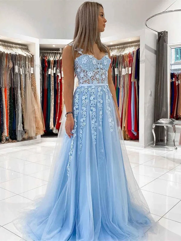 Gift Ideas Open Back Light Blue Tulle Lace Floral Long Prom Dresses, Light Blue Lace Formal Graduation Evening Dresses with 3D Flowers SP2270