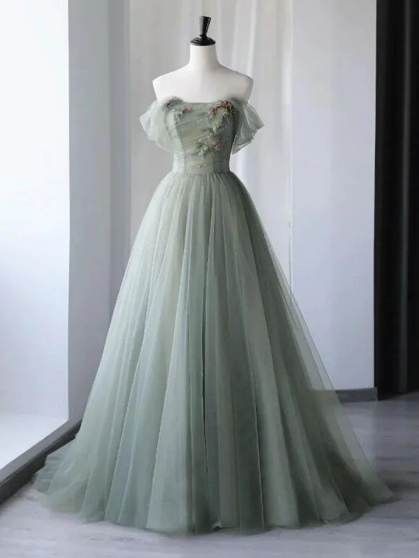 Big Discounts Off Shoulder Green Tulle Floral Long Prom Dresses, Off the Shoulder Formal Dresses, Green Evening Dresses with 3D Flowers SP2671