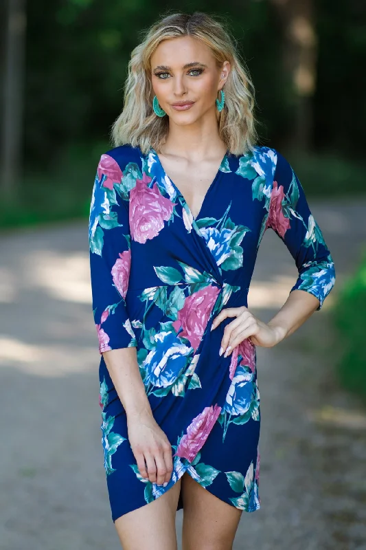 Comfortable Clothes Navy and Dusty Rose Floral Print Dress