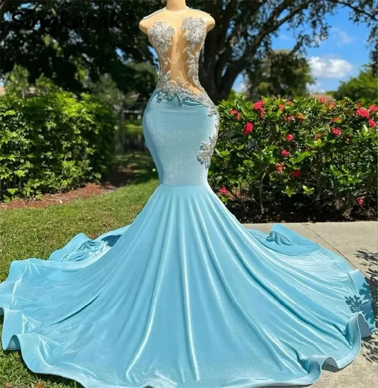 Limited Time Offer Sparkly Diamonds Blue Prom Dress For Black Girls Velvet Glitter Bead Crystals Rhinestone Luxury Birthday Party Gown Vestidos