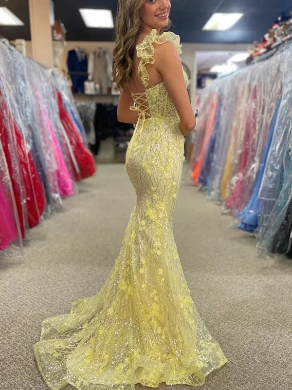 Flash Sales Open Back Mermaid Yellow Lace Floral Long Prom Dresses with Train, Mermaid Yellow Formal Dresses, Yellow Lace Evening Dresses SP2870