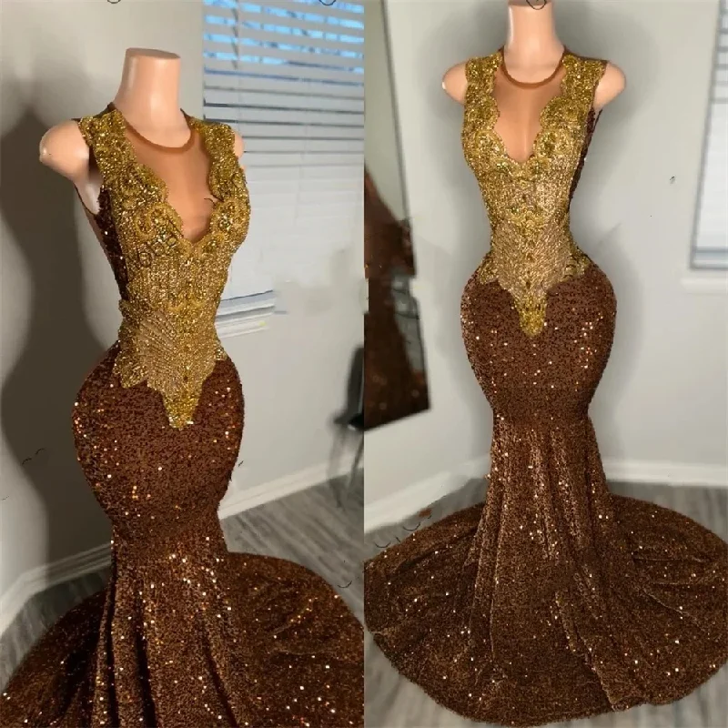 Relaxed Style Brown Sheer O Neck Long Prom Dress For Black Girls Beaded Crystal Rhinestone Birthday Party Dresses Sequined Evening Gowns