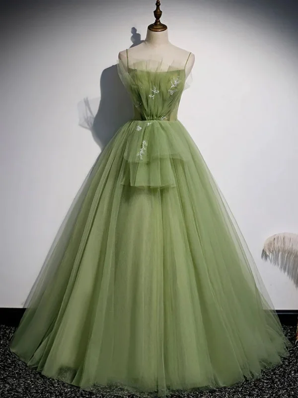 Hot Deals Elegant Green Tulle Long Prom Dresses, Green Formal Evening Dresses, Floral Ball Gown SP2799