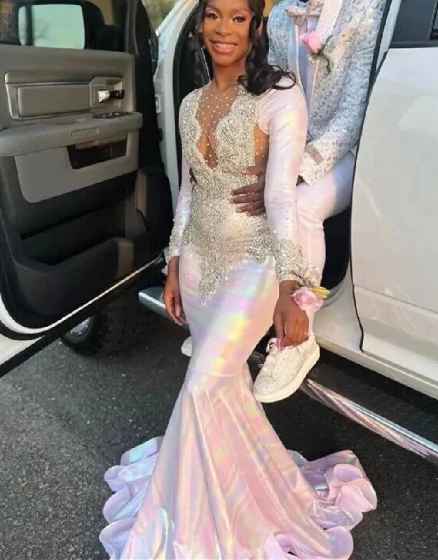 Edgy Fashion Colorful Mermaid Sliver Crystal Beading Prom Dresses Long Sleeve Luxury Designer Party Black Girls African Gown