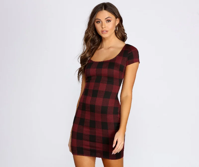 Minimalist Style Clad In Plaid Scoop Neck Mini Dress