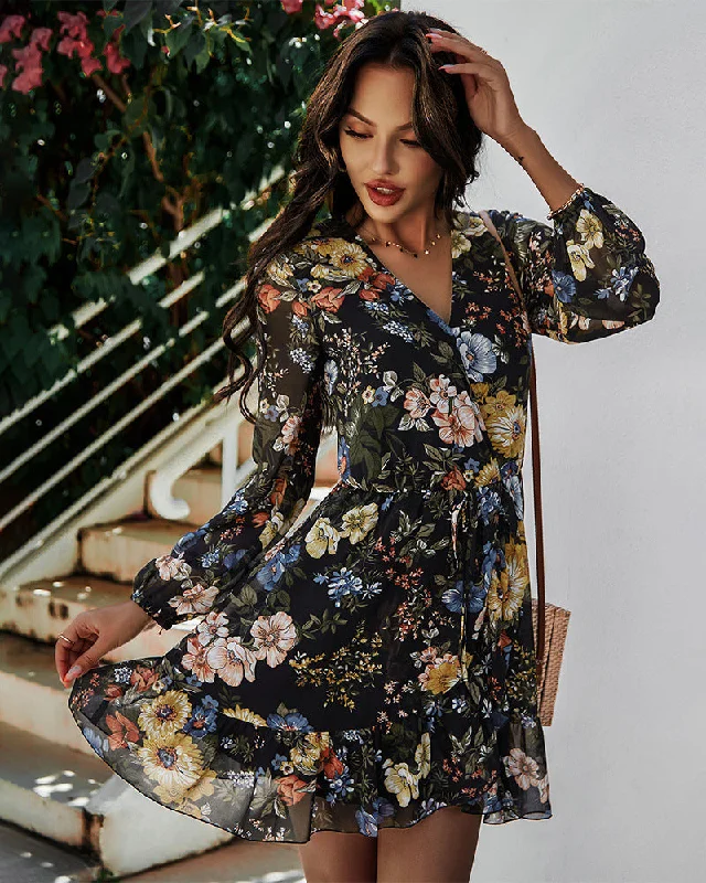 Boho Chic Fashion Palazzo Floral Ruffle Wrap Dress