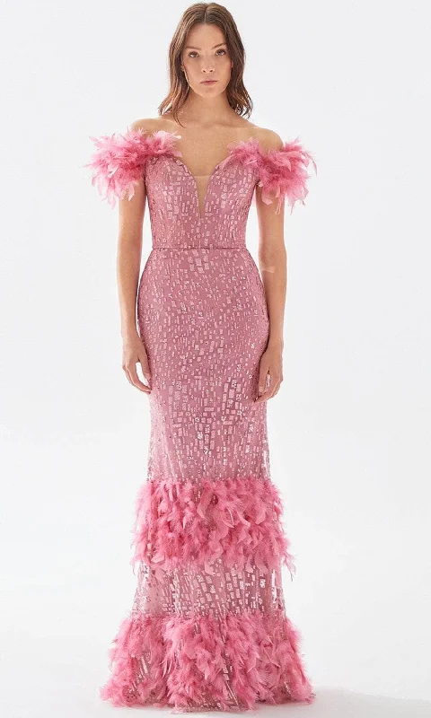 Flash Discount Tarik Ediz 52144 - Feathered Off Shoulder Prom Gown