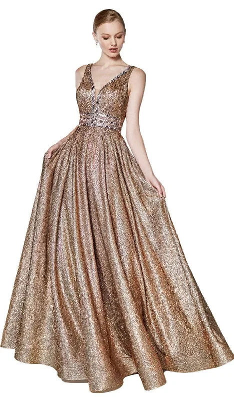 Casual Fashion Cinderella Divine - Metallic Plunging V-Neck Evening Gown CJ505 - 1 pc Copper In Size 10 Available