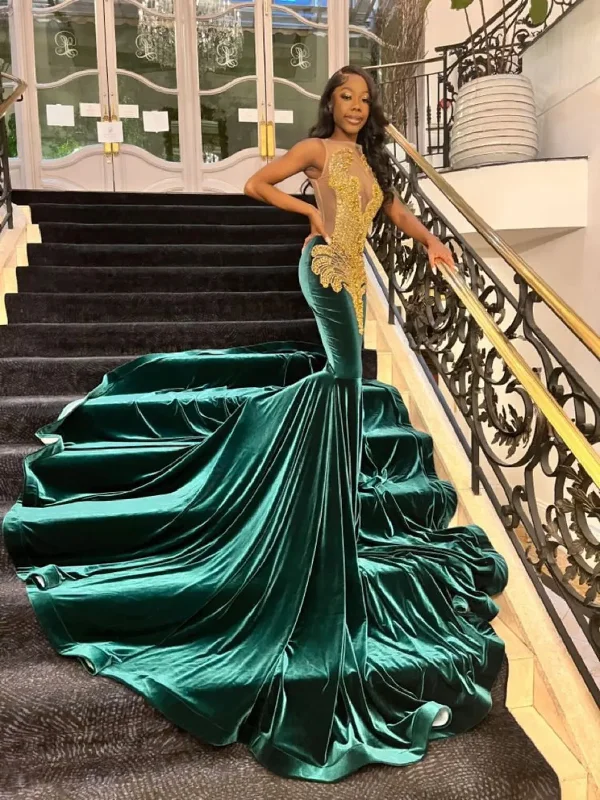 Unleash Your Trendy Side African American Prom Dresses Mermaid Sheer Velvet Beaded Crystals Black Girls Nigeria Robe De Soiree Evening Dress Gown