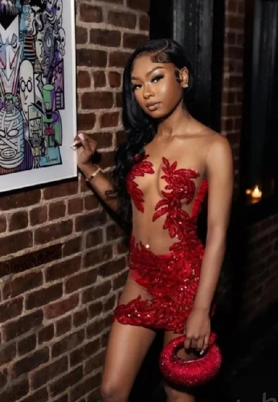 Versatile Outfits Luxury Red Diamante Short Cocktail Prom Dresses For Black Girls Crystal Tulle See Through Birthday Party