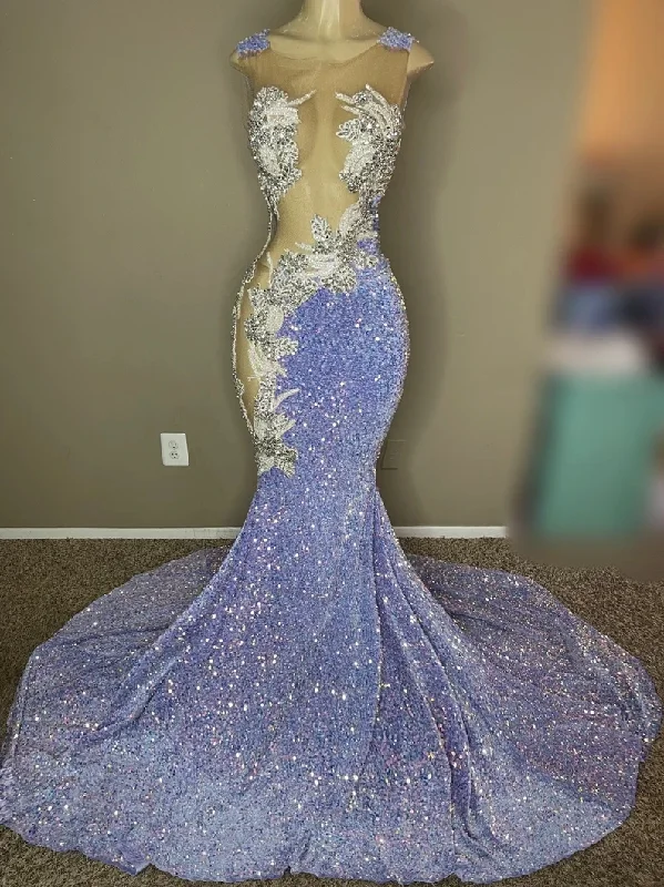 Flash Sale Or Flash Sales Lilac African American Prom Dresses Mermaid Sheer Sequins Appliques Beaded Black Girls Nigeria Robe De Soiree Evening Gown