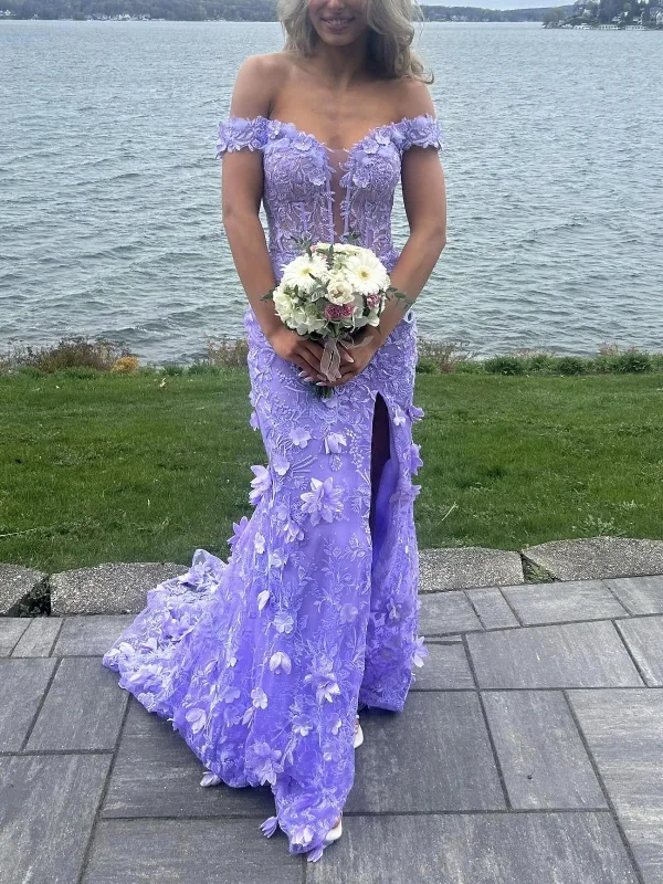 Luxury Women’s Fashion Off the Shoulder Mermaid Lilac Lace Floral Long Prom Dresses, High Slit Purple Lace Formal Graduation Evening Dresses with Flowers SP3094