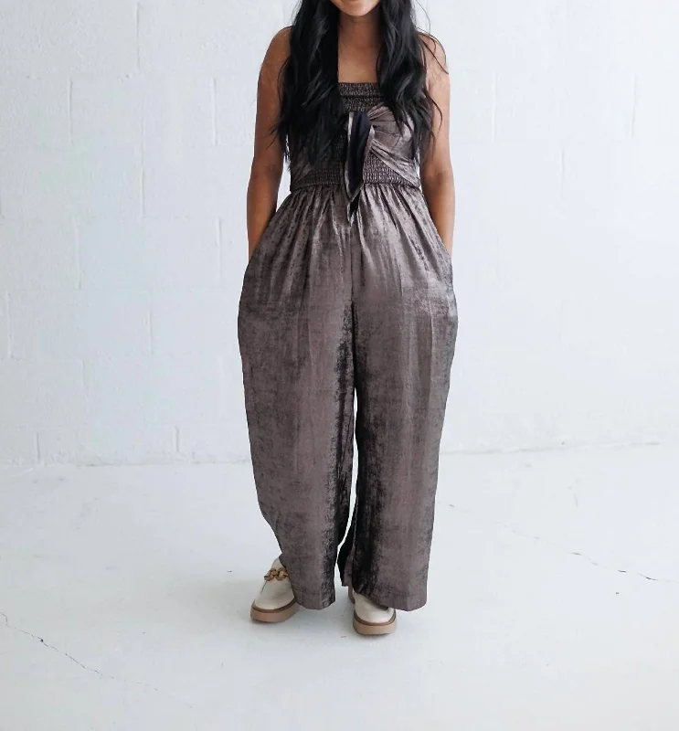 Clearance Event Tie Front Shine Jumpsuit In Silver