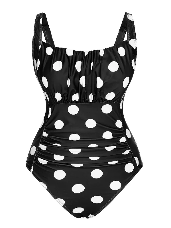 Sporty Streetwear 1940s Polka Dots Wrinkle Strap Swimsuit