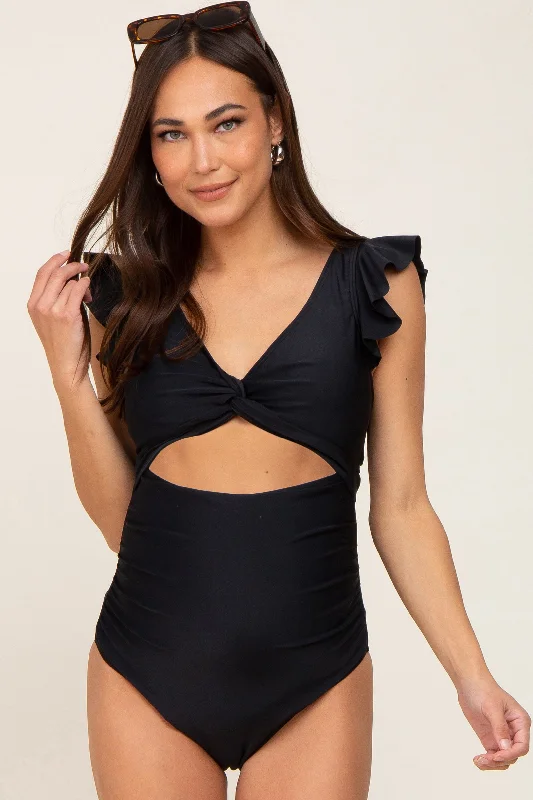 Chic Outfits Black Cutout Flutter One Piece Maternity Swimsuit