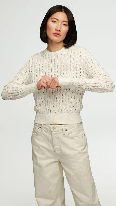 Preppy Style Open Cable Crewneck in Cotton | Ivory