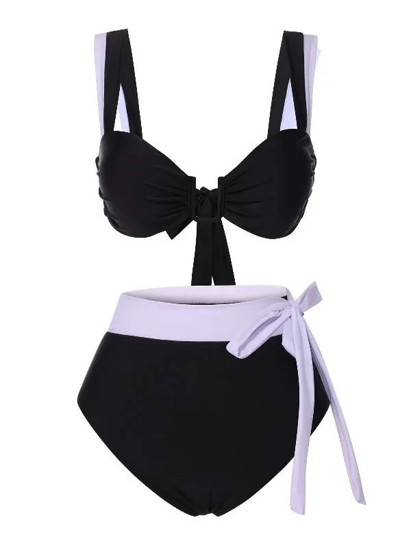 Trendy Boutiques Online Black & White 1950s Solid Bind Patchwork Swimsuit