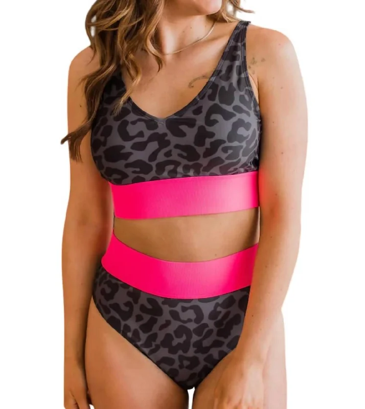 Clearance Sale Kissed By The Sun Bikini Swim Top In Charcoal Leopard & Neon Pink