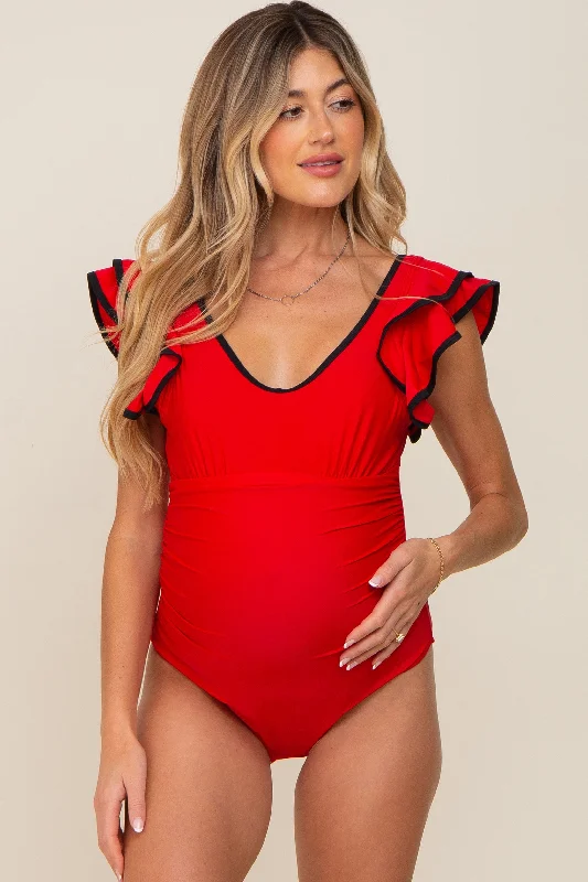 Stylish Savings Red Color Blocked Ruffle Shoulder Cutout Back Maternity One Piece Swimsuit