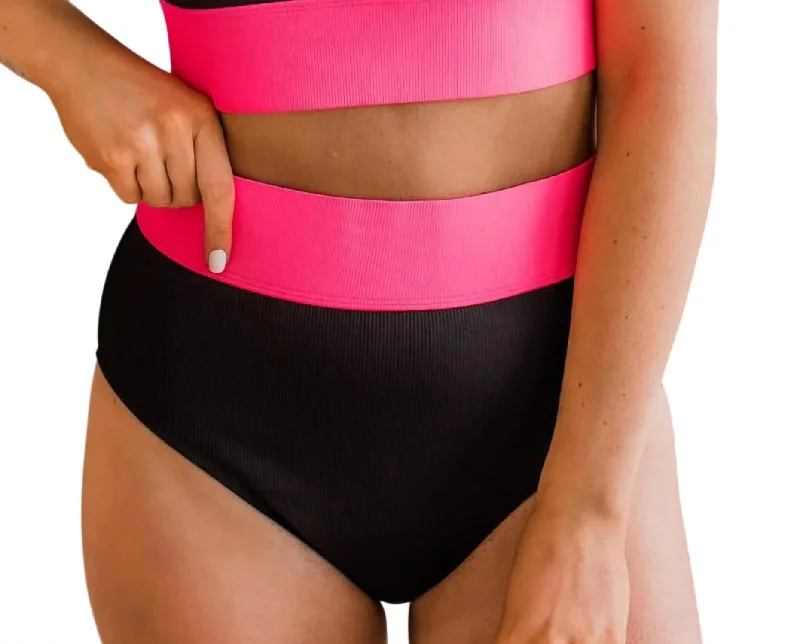 End of Season Sale Ray Of Sunshine Swim Bottoms In Black & Neon Pink