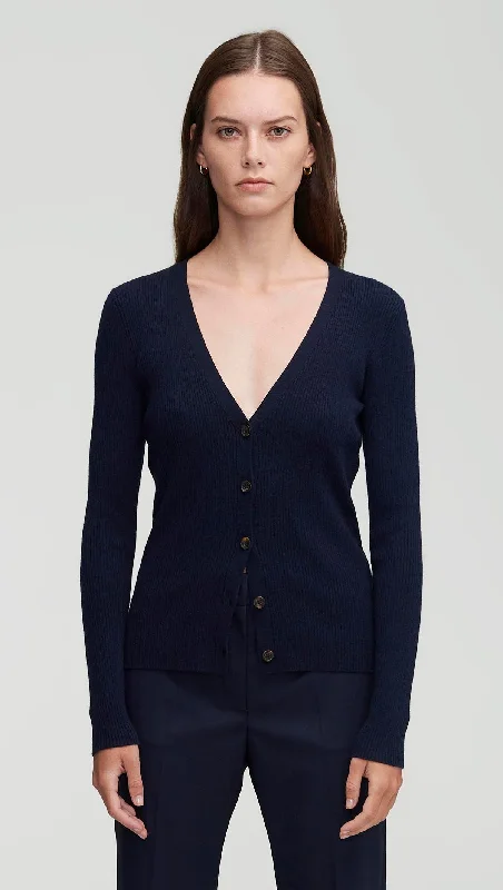 Relaxed Style Everyday Knit Rib Cardigan in Viscose Wool | Navy